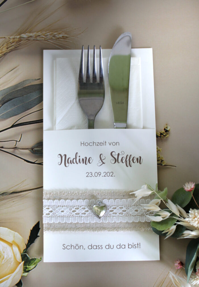Bestecktasche zur Hochzeit "Leinenband mit Herz", personalisiert Design 421