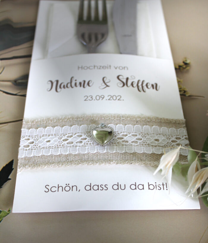 Bestecktasche zur Hochzeit "Leinenband mit Herz", personalisiert Design 421 – Bild 2