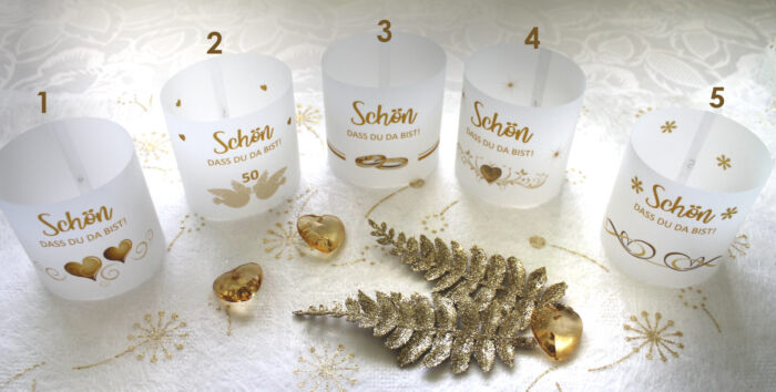 Lichthülle, Windlicht Pergament 5 Stück "Schön dass du da bist" zur Goldenen Hochzeit Design 410 Wählen Sie selbst!