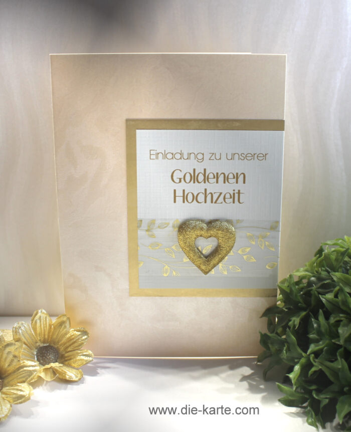 Einladungskarte zur Goldenen Hochzeit "Herz gold", hochwertige Qualität incl. Umschlag & Einlegeblatt Design 12820