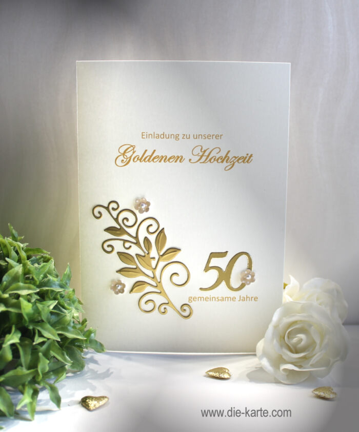 Einladungskarte zur Goldenen Hochzeit "Ornament mit Blüten", hochwertige Qualität incl. Umschlag & Einlegeblatt Design 12821