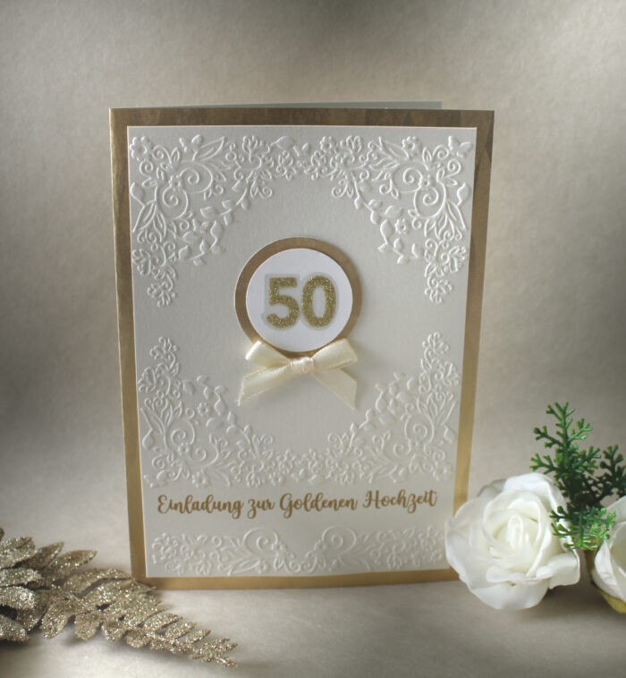 Einladungskarte zur Goldenen Hochzeit "goldene 50", hochwertige Qualität incl. Umschlag & Einlegeblatt Design 12815