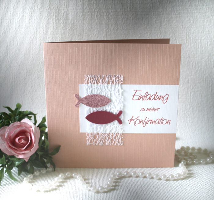 Bastelset DIY Einladung zur Konfirmation, Kommunion, Firmung oder Taufe „altrosa" incl. Umschlag & Einlegeblatt Design K02