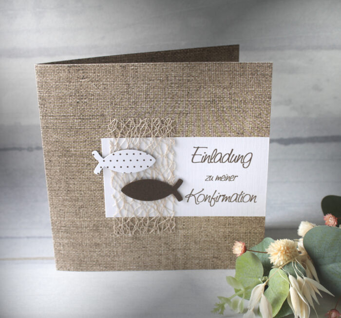 Bastelset DIY Einladung zur Konfirmation, Kommunion, Firmung oder Taufe „Leinen" incl. Umschlag & Einlegeblatt Design K02