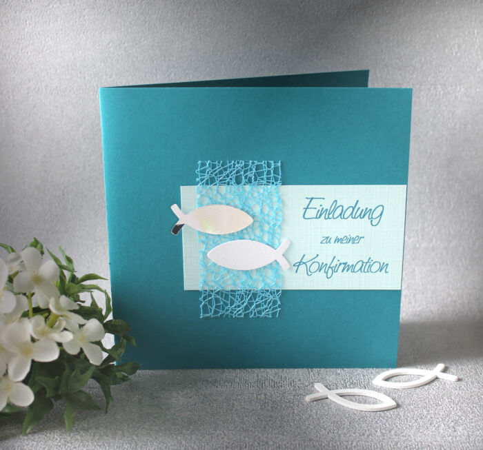 Bastelset DIY Einladung zur Konfirmation, Kommunion, Firmung oder Taufe „türkis" incl. Umschlag & Einlegeblatt Design K02