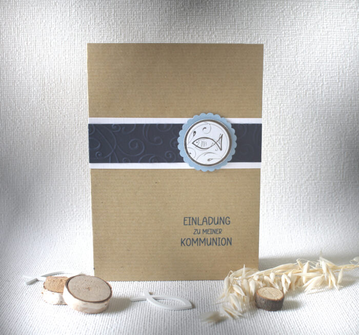 Bastelset DIY Einladung zur Konfirmation, Kommunion, Firmung oder Taufe "Kraftkarton Fisch" incl. Umschlag & Einlegeblatt Design K10