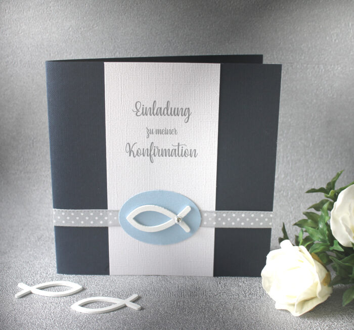 Bastelset DIY Einladung zur Konfirmation, Kommunion, Firmung oder Taufe "blau" incl. Umschlag & Einlegeblatt Design K11