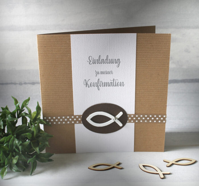 Bastelset DIY Einladung zur Konfirmation, Kommunion, Firmung oder Taufe "braun" incl. Umschlag & Einlegeblatt Design K11