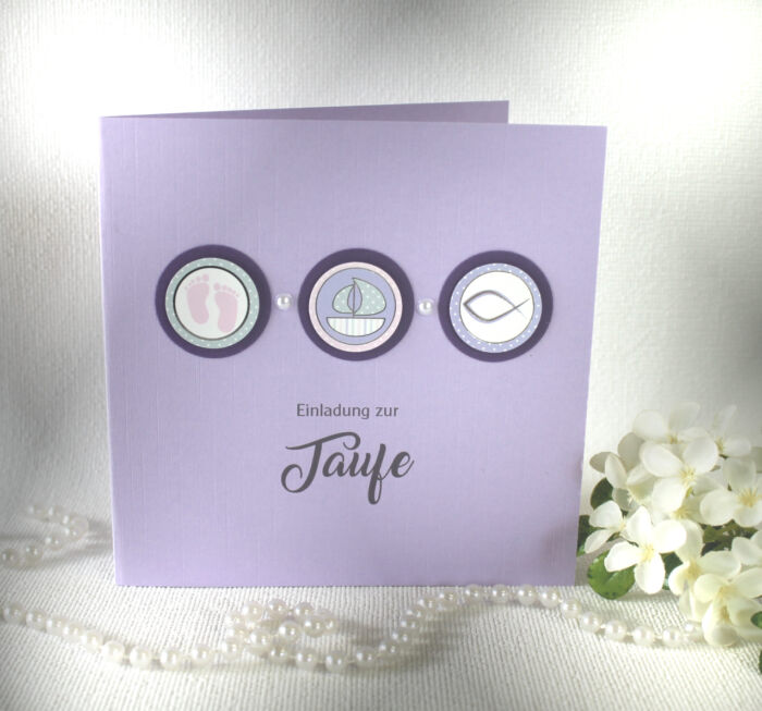 Bastelset DIY Einladung zur Taufe "3 Symbole" flieder, hochwertige Qualität incl. Umschlag & Einlegeblatt Design TA03