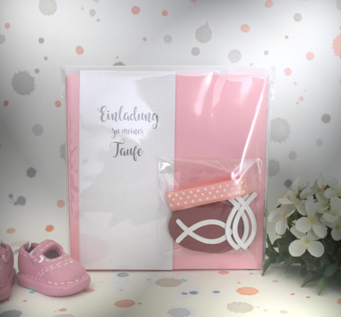 Bastelset DIY Einladung zur Taufe "Fisch" rosa, hochwertige Qualität incl. Umschlag & Einlegeblatt Design TA01 – Bild 2