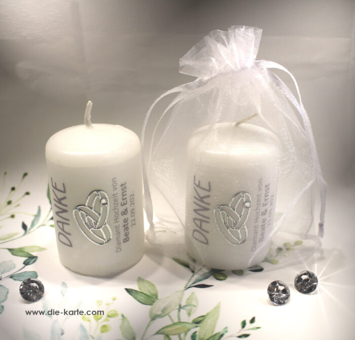 Gastgeschenk Kerze "DANKE" für Ihre Diamant Hochzeit als Dankeschön an Ihre Gäste, im Organzasäckchen, zum kleinen Preis! Design 315DIAHO