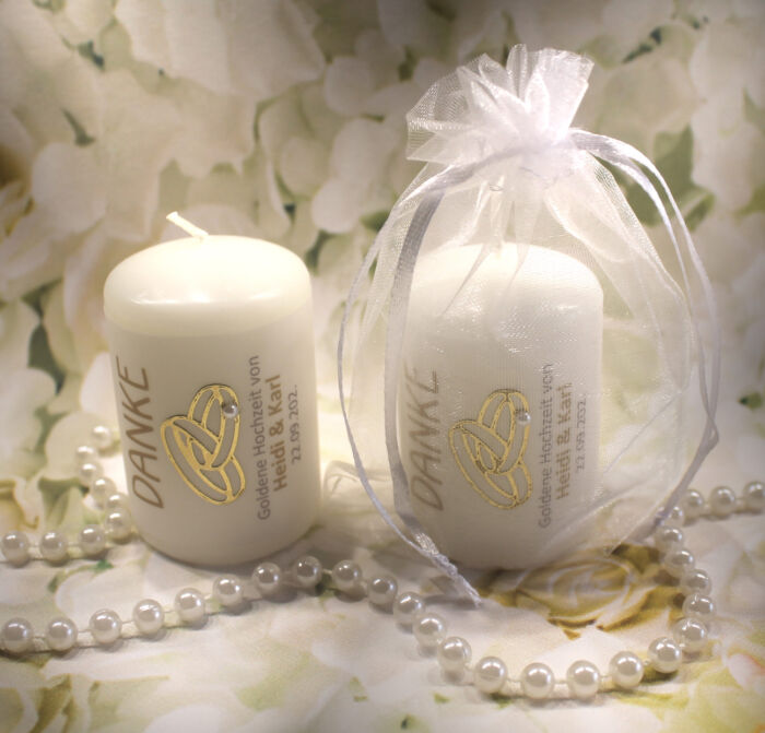Gastgeschenk Kerze "DANKE" für Ihre Goldene Hochzeit als Dankeschön an Ihre Gäste, im Organzasäckchen, zum kleinen Preis! Design 315GOHO