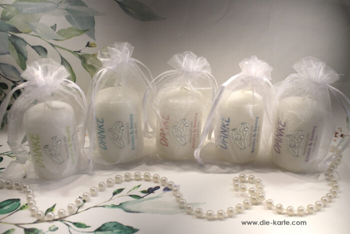 Gastgeschenk Kerze "DANKE" mit Ringen für Ihre Hochzeit als Dankeschön an Ihre Gäste, im Organzasäckchen, zum kleinen Preis! Design 315HO