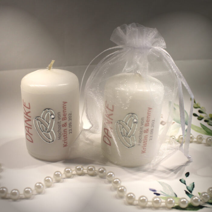Gastgeschenk Kerze "DANKE" mit Ringen für Ihre Hochzeit als Dankeschön an Ihre Gäste, im Organzasäckchen, zum kleinen Preis! Design 315HO – Bild 6
