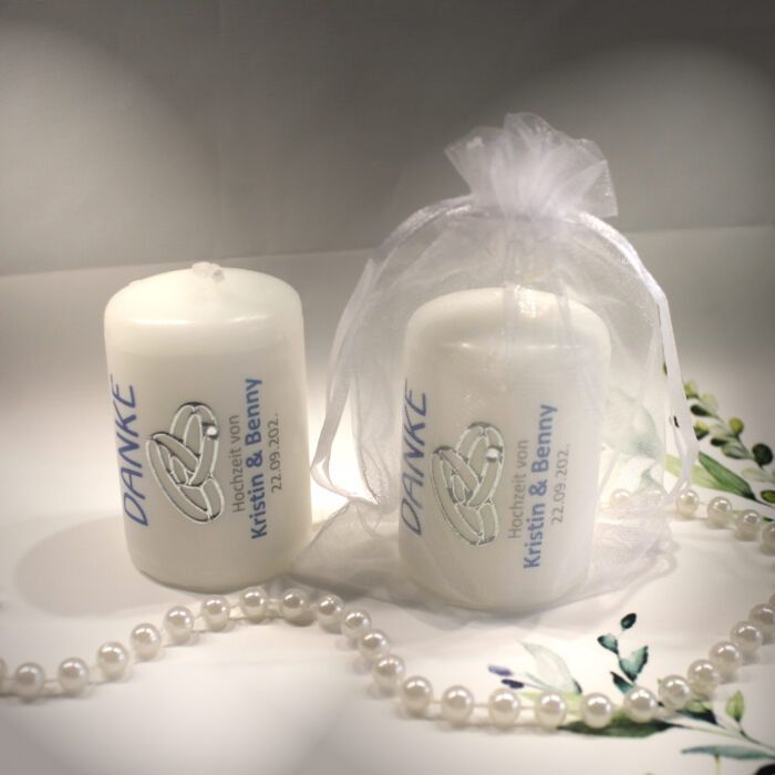 Gastgeschenk Kerze "DANKE" mit Ringen für Ihre Hochzeit als Dankeschön an Ihre Gäste, im Organzasäckchen, zum kleinen Preis! Design 315HO – Bild 5