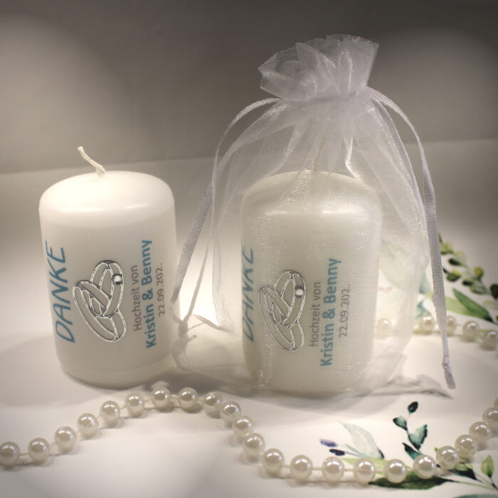 Gastgeschenk Kerze "DANKE" mit Ringen für Ihre Hochzeit als Dankeschön an Ihre Gäste, im Organzasäckchen, zum kleinen Preis! Design 315HO – Bild 2