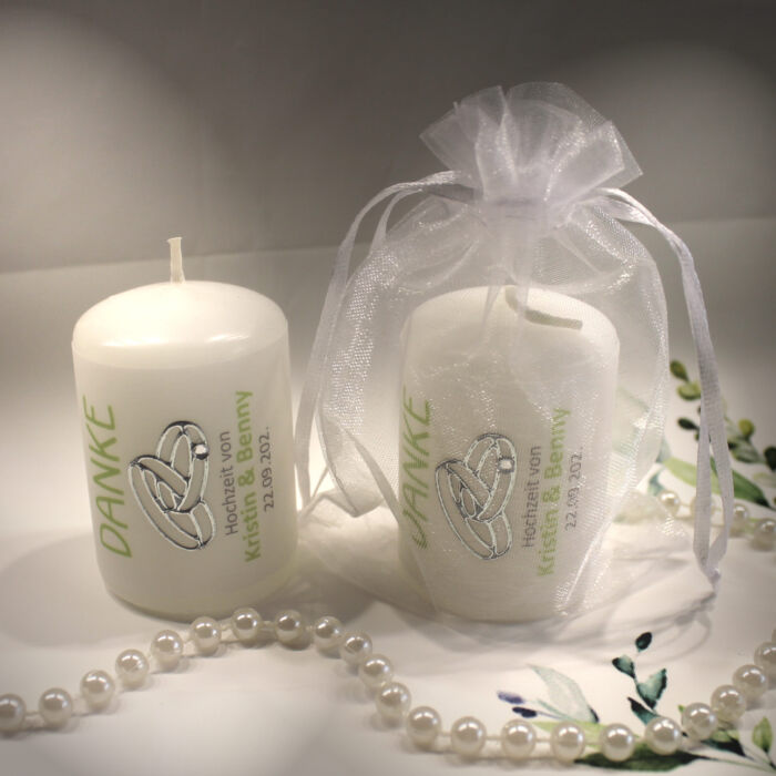Gastgeschenk Kerze "DANKE" mit Ringen für Ihre Hochzeit als Dankeschön an Ihre Gäste, im Organzasäckchen, zum kleinen Preis! Design 315HO – Bild 4