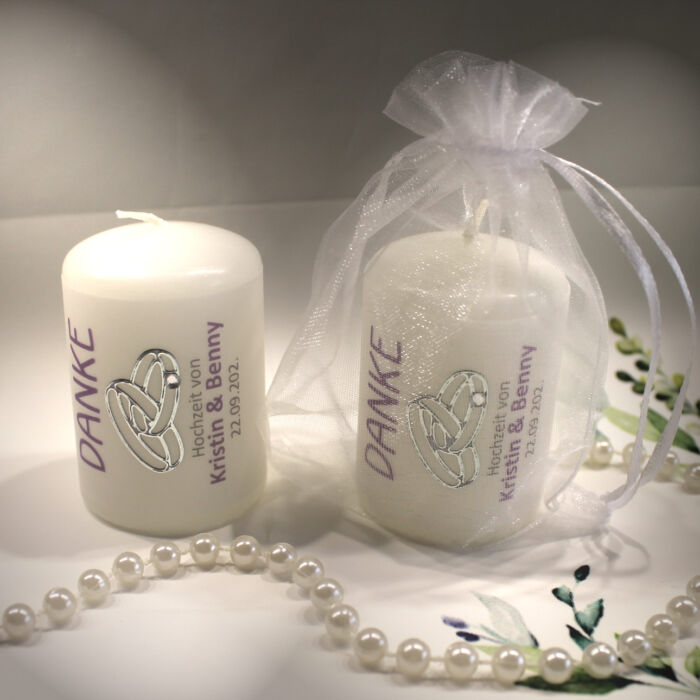 Gastgeschenk Kerze "DANKE" mit Ringen für Ihre Hochzeit als Dankeschön an Ihre Gäste, im Organzasäckchen, zum kleinen Preis! Design 315HO – Bild 3