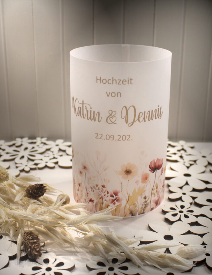 Lichthülle, Windlicht Pergament "Wiese" für viele Anlässe wie Hochzeit, Konfirmation, Taufe, Geburtstag... personalisiert Design 420