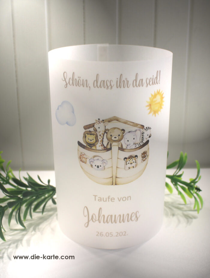 Lichthülle, Windlicht Pergament zur Taufe "Arche Noah" personalisiert Design 220
