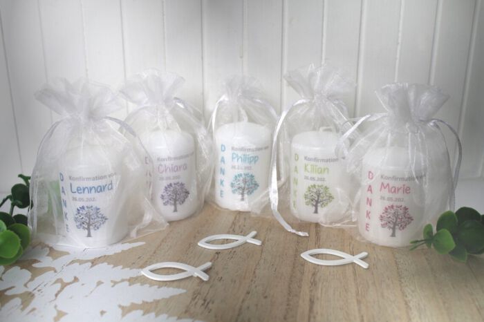 Gastgeschenk Kerze "Baum" zur Konfirmation, Kommunion oder Taufe, im Organzasäckchen, zum kleinen Preis! Design 303