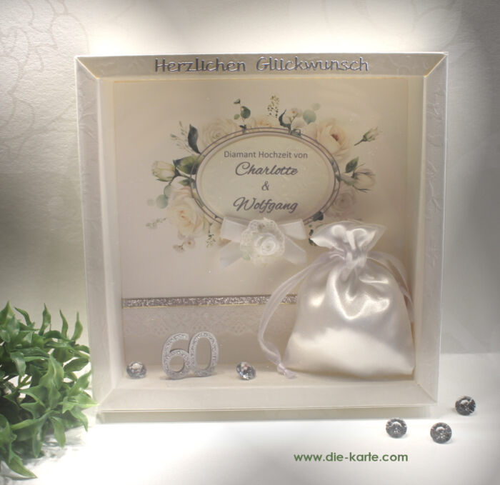 Geschenkschachtel als Rahmen zur Diamant Hochzeit "Rosen" mit transparentem Schiebedeckel, hochwertige Qualität, Design 8021