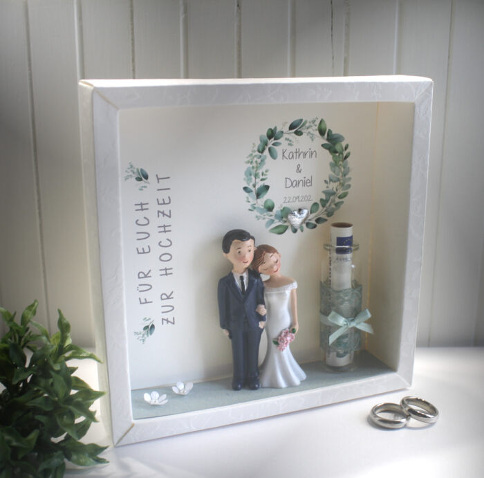 Geschenkschachtel als Rahmen zur "Hochzeit" Eukalyptus mit transparentem Schiebedeckel, hochwertige Qualität, personalisiert, Design 8003