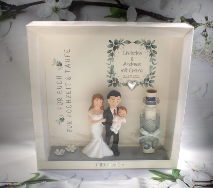 Geschenkschachtel als Rahmen zur "Hochzeit & Taufe" Eukalyptus mit transparentem Schiebedeckel, personalisiert, Design 8003-1