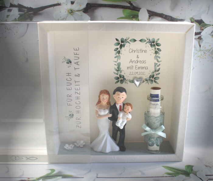 Geschenkschachtel als Rahmen zur "Hochzeit & Taufe" Eukalyptus mit transparentem Schiebedeckel, personalisiert, Design 8003-1 – Bild 3