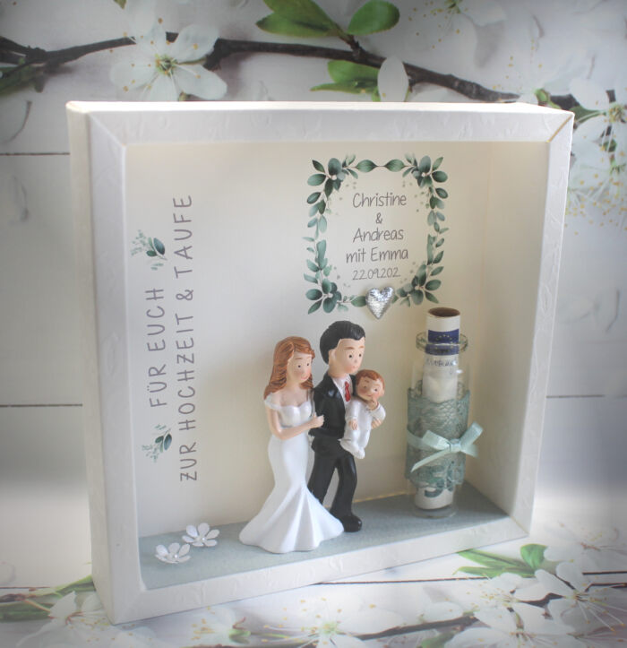 Geschenkschachtel als Rahmen zur "Hochzeit & Taufe" Eukalyptus mit transparentem Schiebedeckel, personalisiert, Design 8003-1 – Bild 2