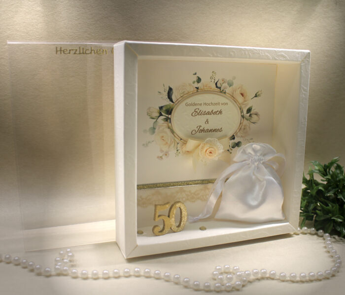Geschenkschachtel als Rahmen zur Goldenen Hochzeit "Rosen" mit transparentem Schiebedeckel, hochwertige Qualität, Design 8020 – Bild 2