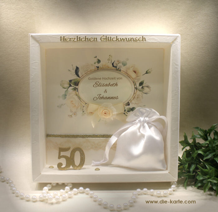 Geschenkschachtel als Rahmen zur Goldenen Hochzeit "Rosen" mit transparentem Schiebedeckel, hochwertige Qualität, Design 8020