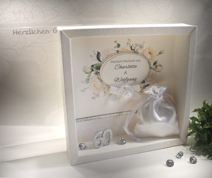 Geschenkschachtel als Rahmen zur Diamant Hochzeit "Rosen" mit transparentem Schiebedeckel, hochwertige Qualität, Design 8021 – Bild 2