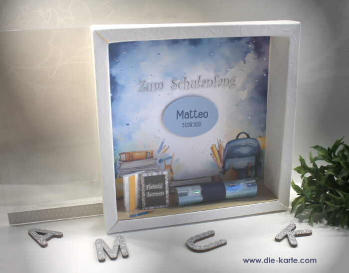 Geschenkschachtel als Rahmen zur Einschulung "Junge" mit transparentem Schiebedeckel, hochwertige Qualität, Design 8041 – Bild 2
