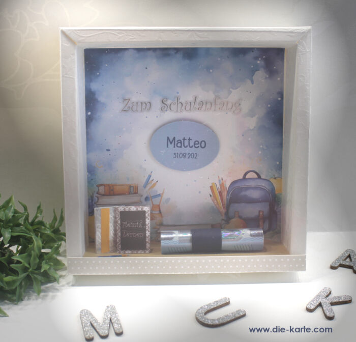 Geschenkschachtel als Rahmen zur Einschulung "Junge" mit transparentem Schiebedeckel, hochwertige Qualität, Design 8041