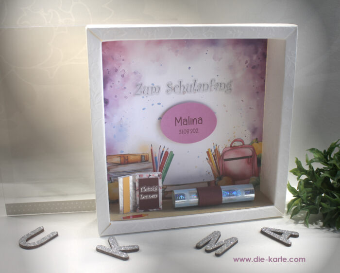 Geschenkschachtel als Rahmen zur Einschulung "Mädchen" mit transparentem Schiebedeckel, hochwertige Qualität, Design 8042 – Bild 2