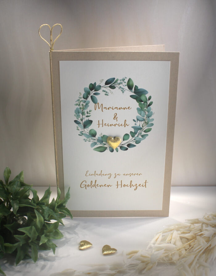 Einladung zur Goldenen Hochzeit "Eukalyptus mit Herz" incl. Personalisierung, Einlegeblatt & Umschlag Design 7119