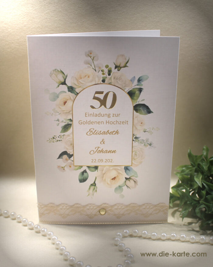 Einladung zur Goldenen Hochzeit "Rosen" aus edlem Feinleinenkarton incl. Personalisierung, Einlegeblatt & Umschlag Design 8020