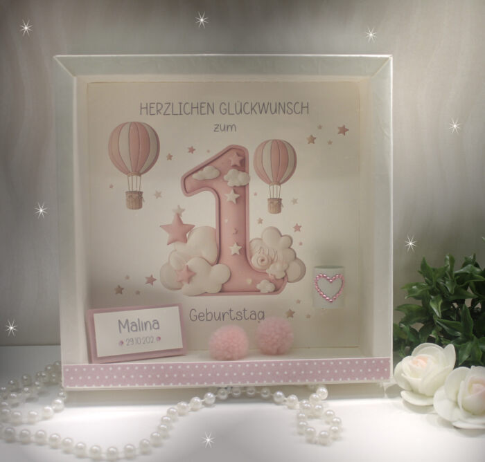 Geschenkschachtel als Rahmen zum "1 Geburtstag Mädchen" mit transparentem Schiebedeckel, hochwertige Qualität Design 8010
