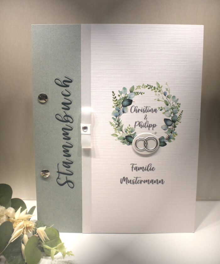 Stammbuch mit Namen "Eukalyptuskranz" Design 12010 A5, zum kleinen Preis