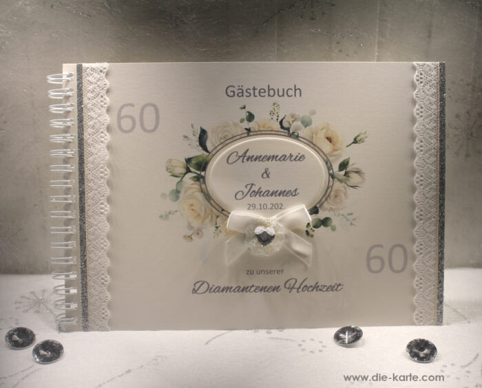 Gästebuch zur Diamantenen Hochzeit "Rosenkranz" mit echter Spitze Design 12514