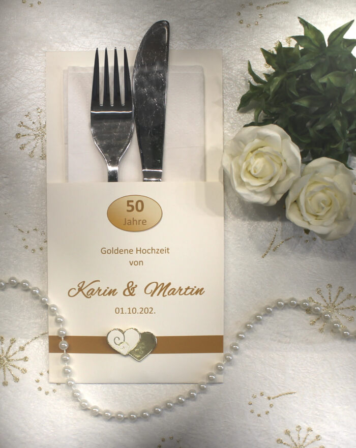 Bestecktasche zur Goldenen Hochzeit "Herz" personalisiert, Design 7156