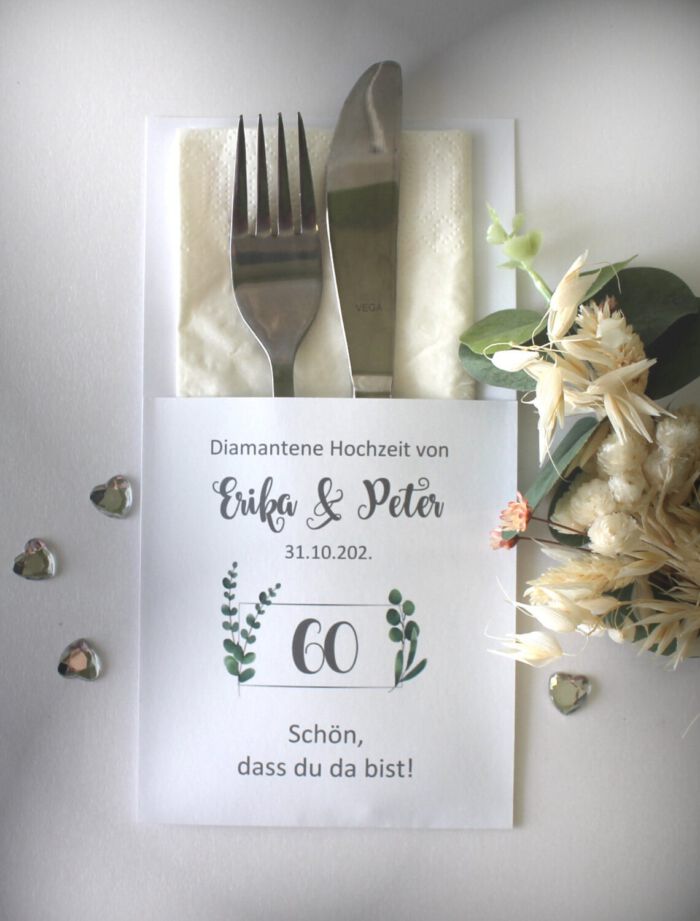 Bestecktasche zur "Diamantenen Hochzeit" Eukalyptusrahmen, personalisiert, Design 7162