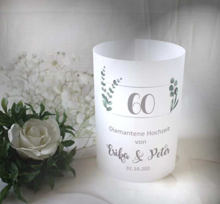 Lichthülle, Windlicht Pergament "Zur diamantenen Hochzeit" Eukalyptusrahmen Design 956