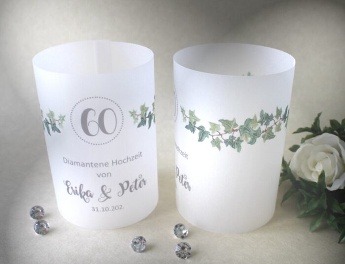 Lichthülle, Windlicht Pergament "Zur diamantenen Hochzeit" Efeugirlande Design 957