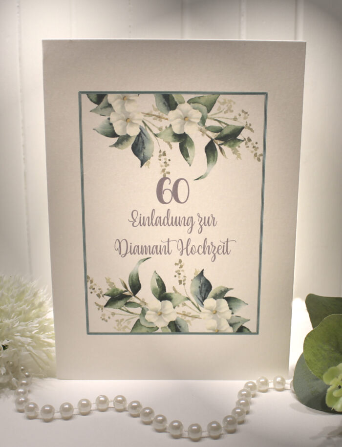 Einladungskarten 10 Stück "Eukalyptusherz" für Ihre Diamantene Hochzeit, incl. Umschlag & Einlegeblatt zum kleinen Preis Design DI 01