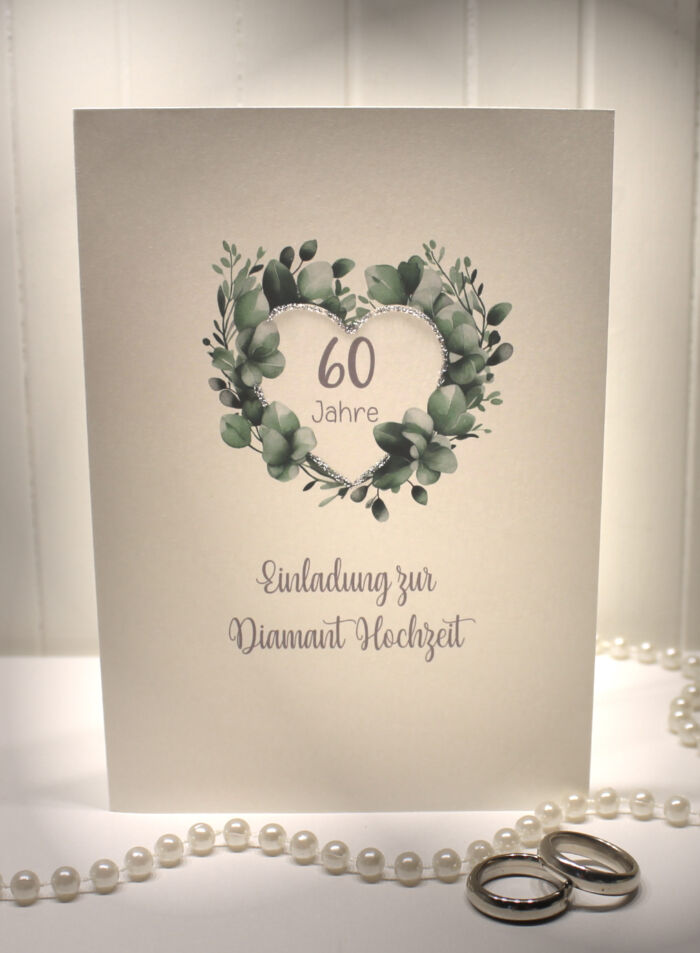 Einladungskarten 10 Stück "Eukalyptusherz" für Ihre Diamantene Hochzeit, incl. Umschlag & Einlegeblatt zum kleinen Preis Design DI 03