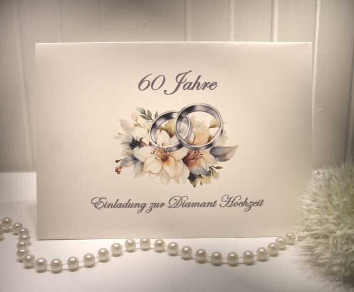 Einladungskarten 10 Stück "Ringe" für Ihre Diamantene Hochzeit, incl. Umschlag & Einlegeblatt zum kleinen Preis Design DI 04
