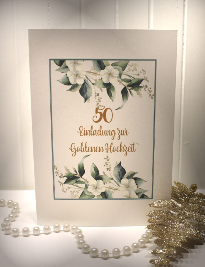 Einladungskarten 10 Stück "Blumen weiss" für Ihre Goldene Hochzeit incl. Umschlag & Einlegeblatt zum kleinen Preis Design GO 01
