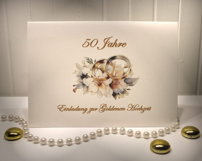 Einladungskarten 10 Stück "Ringe gold" für Ihre Goldene Hochzeit incl. Umschlag & Einlegeblatt zum kleinen Preis Design GO 04